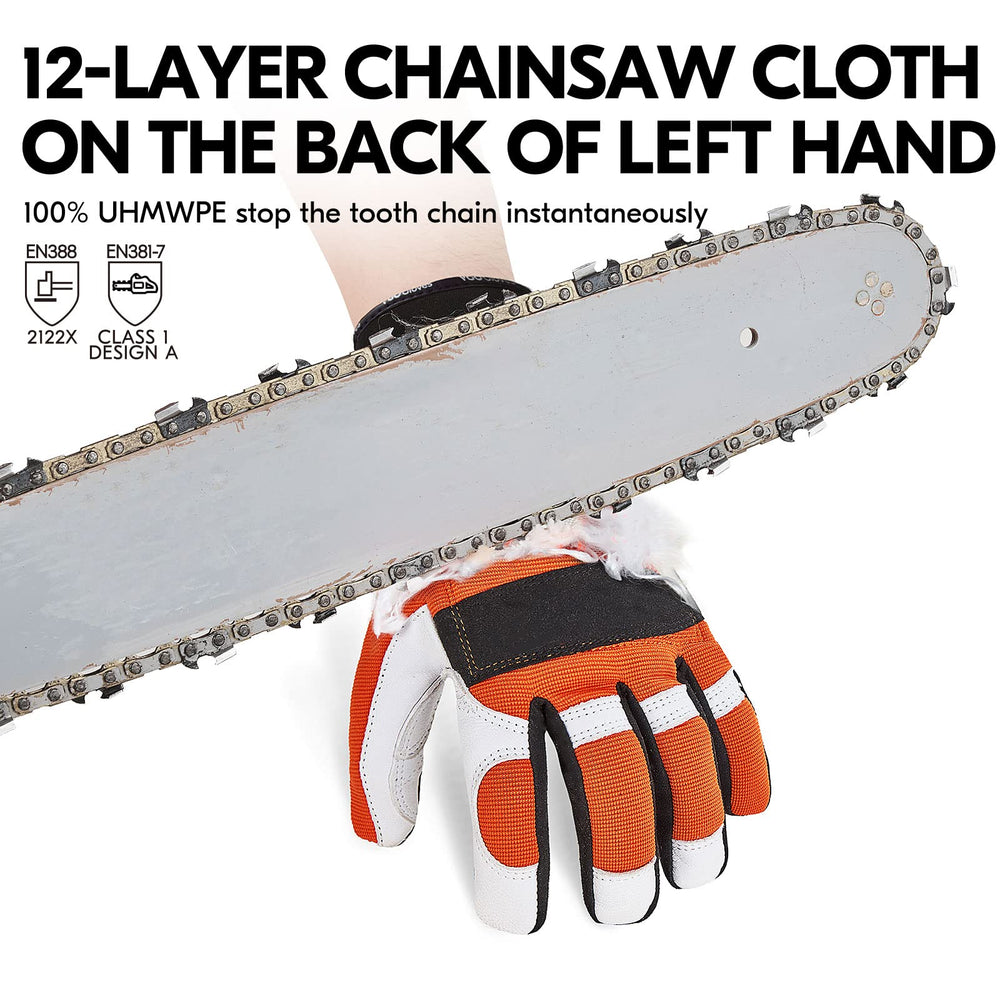 Vgo close-up of chainsaw-stopper patch highlighting left-hand cut-resistance benefit