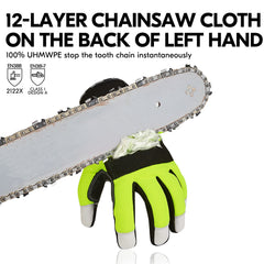 Vgo GA8912 left-hand chainsaw-stopper patch close-up showing protective reinforcement