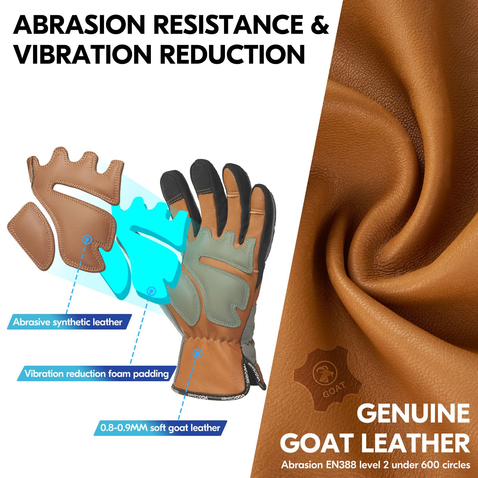 Vgo... close-up of goat leather palm highlighting grip and breathable comfort