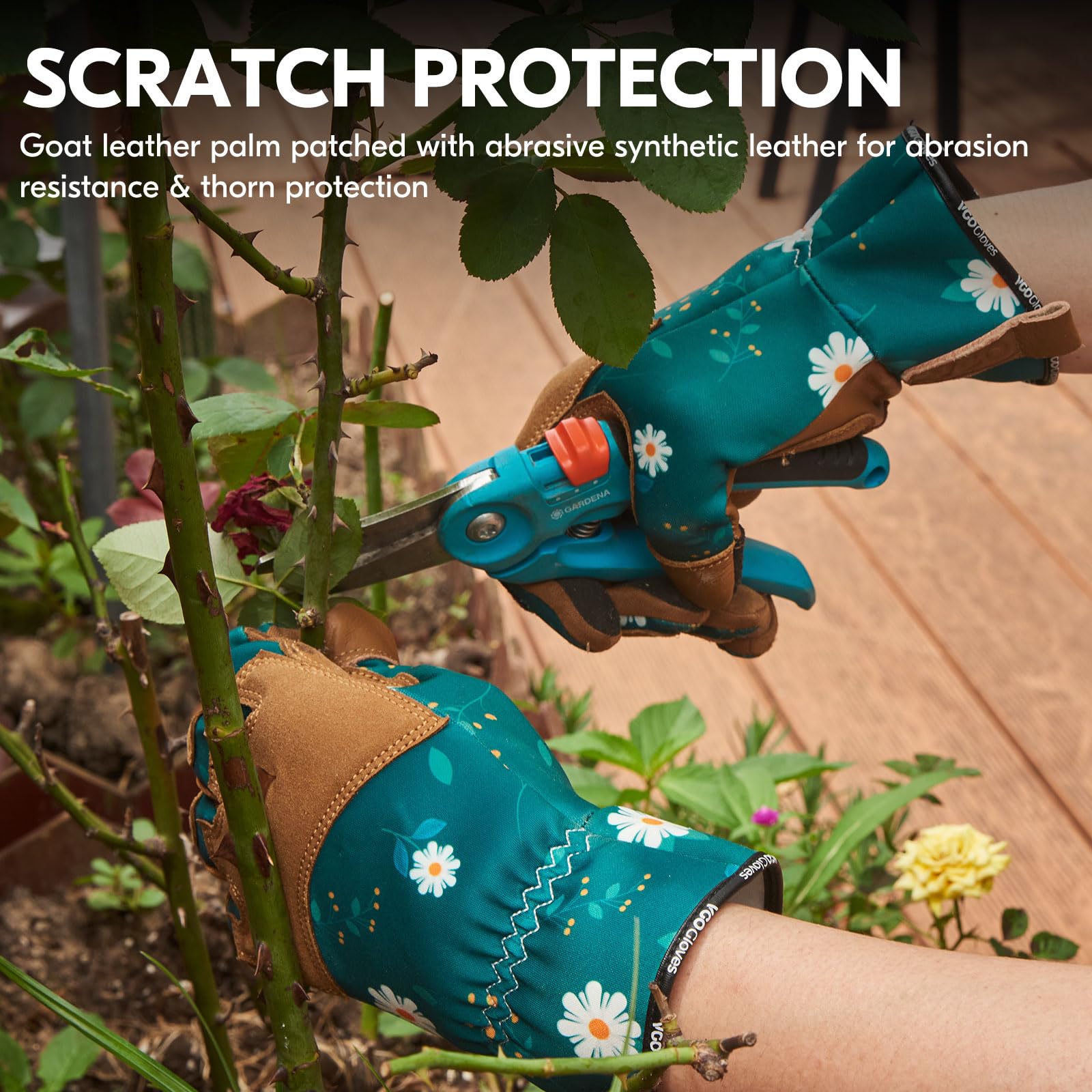 Vgo... gloves in use pruning roses demonstrating protection and dexterity