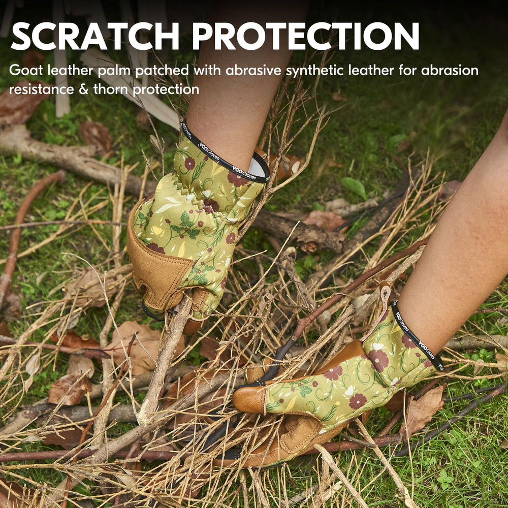 vgo gloves in use pruning rose bushes demonstrating protection during yard work benefit