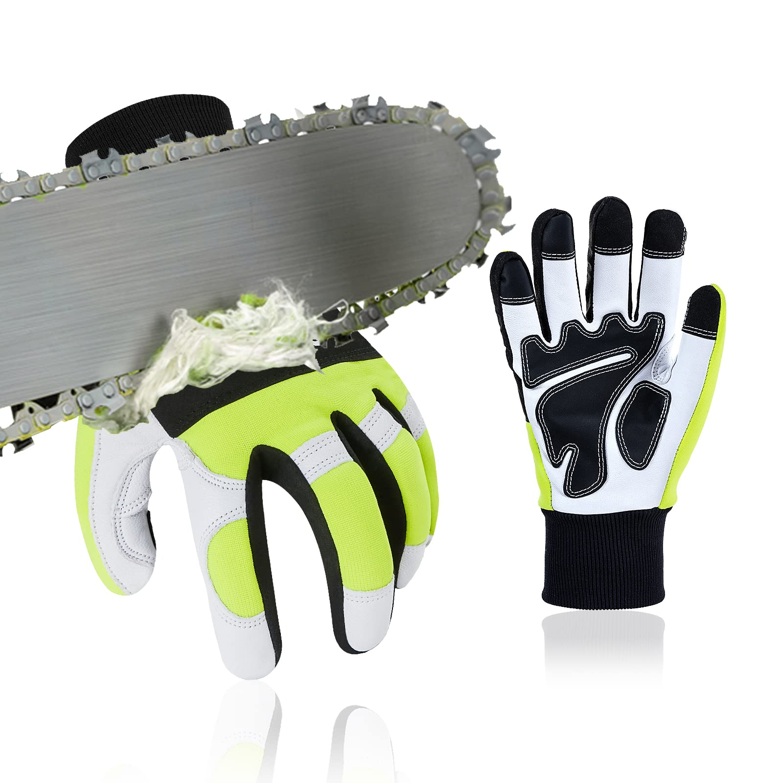 Vgo... front view of left-hand leather chainsaw glove showing full design and fit