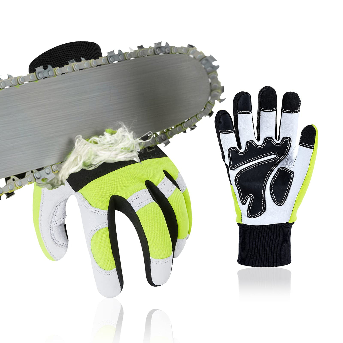 Vgo... front view of left-hand leather chainsaw glove showing full design and fit