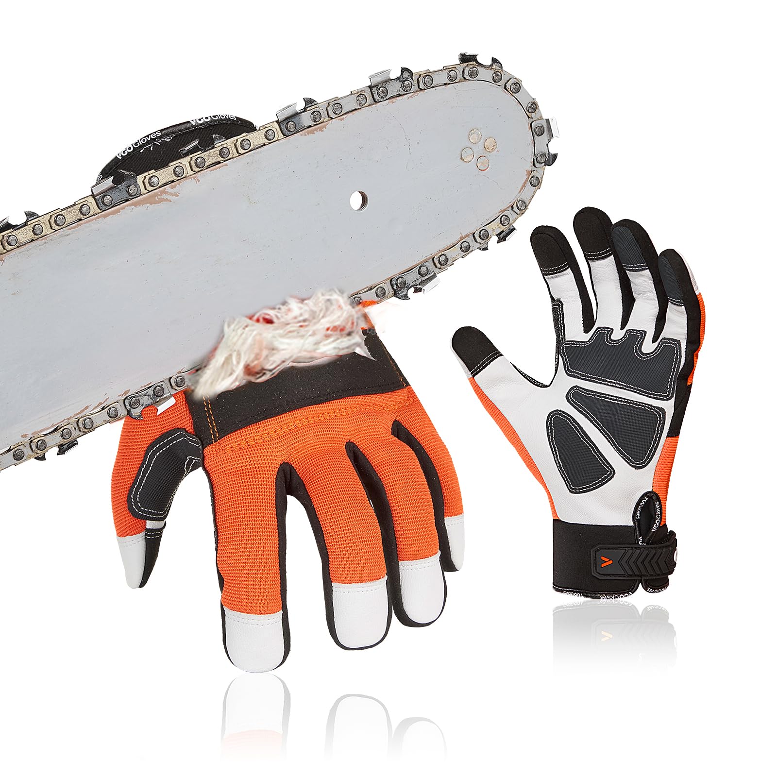 Vgo leather chainsaw gloves front view showing high-visibility back and fit benefits