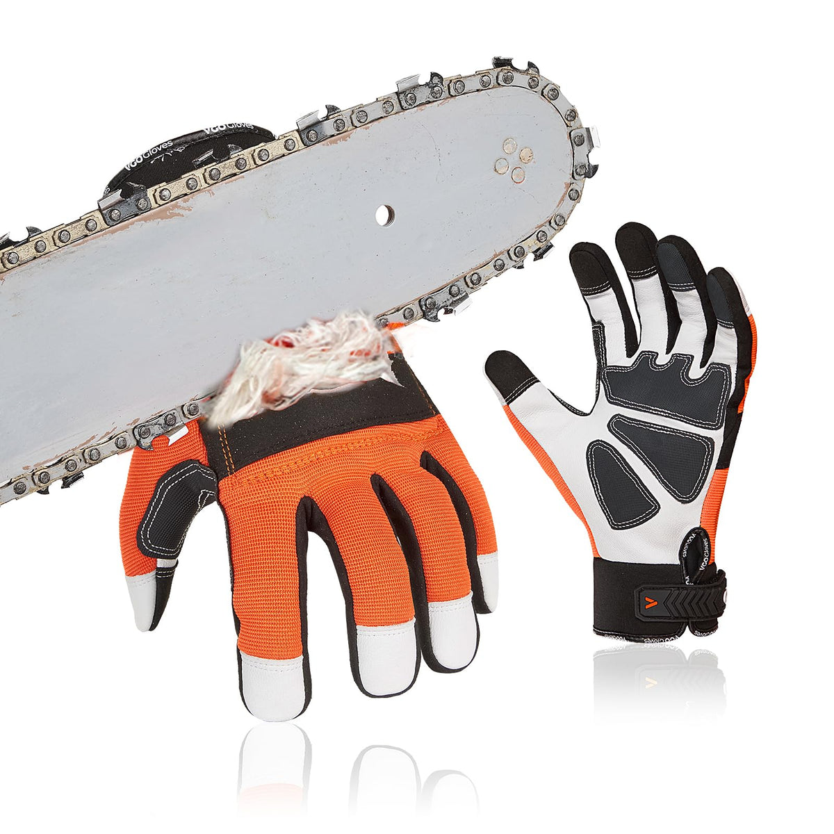 Vgo leather chainsaw gloves front view showing high-visibility back and fit benefits