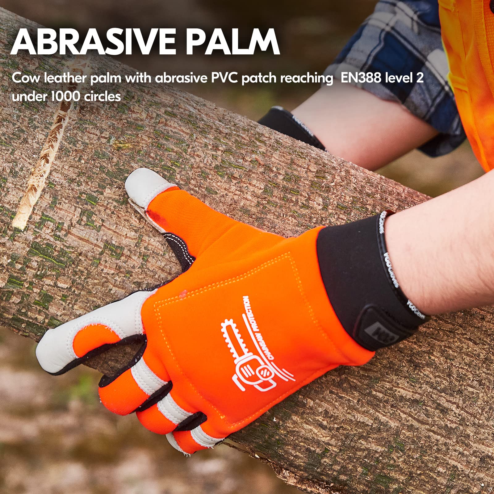 Vgo gloves in use by operator with chainsaw demonstrating secure protection