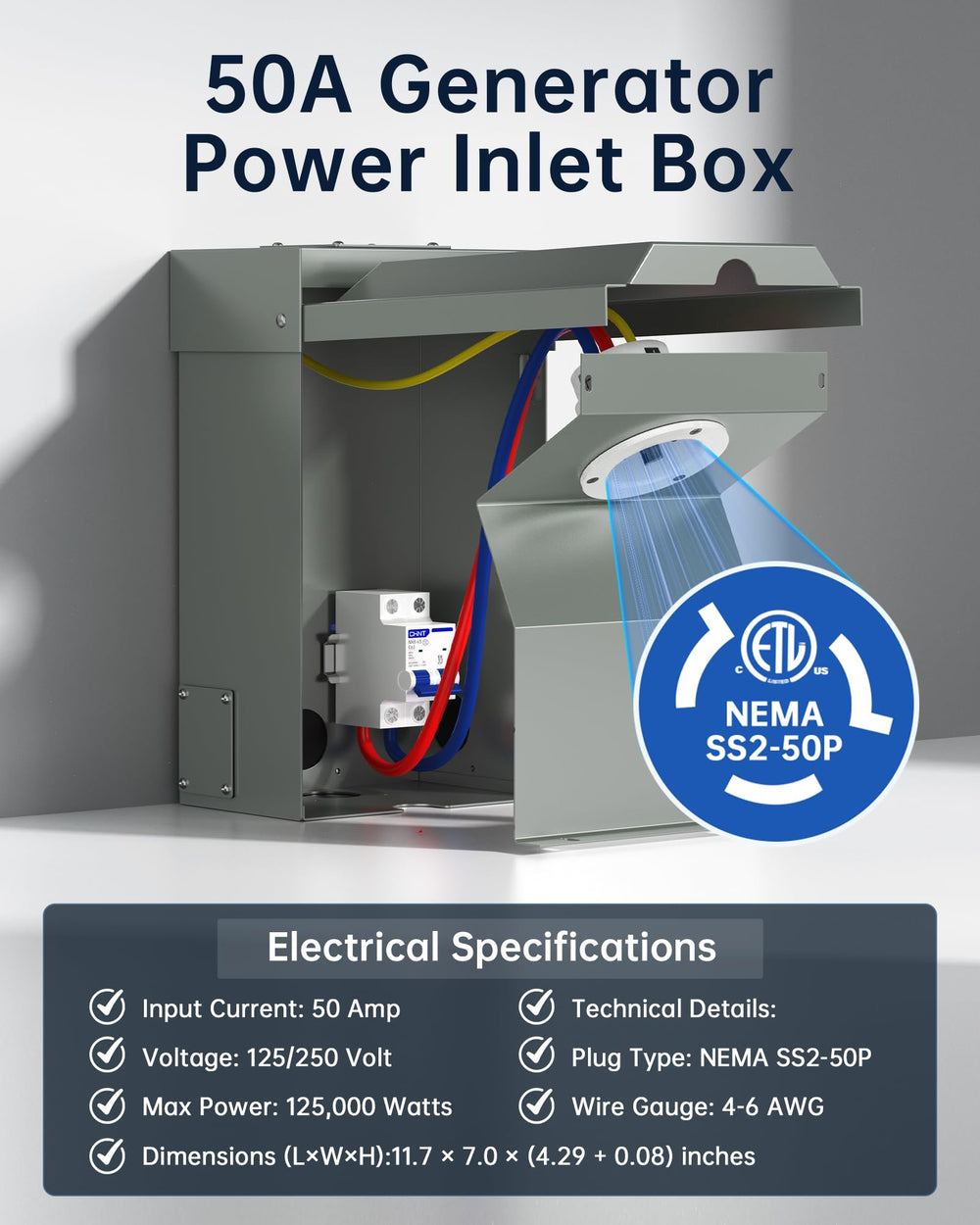vhbw inlet box interior with roomy wiring space for easier 4–6 AWG wire routing and neat connections