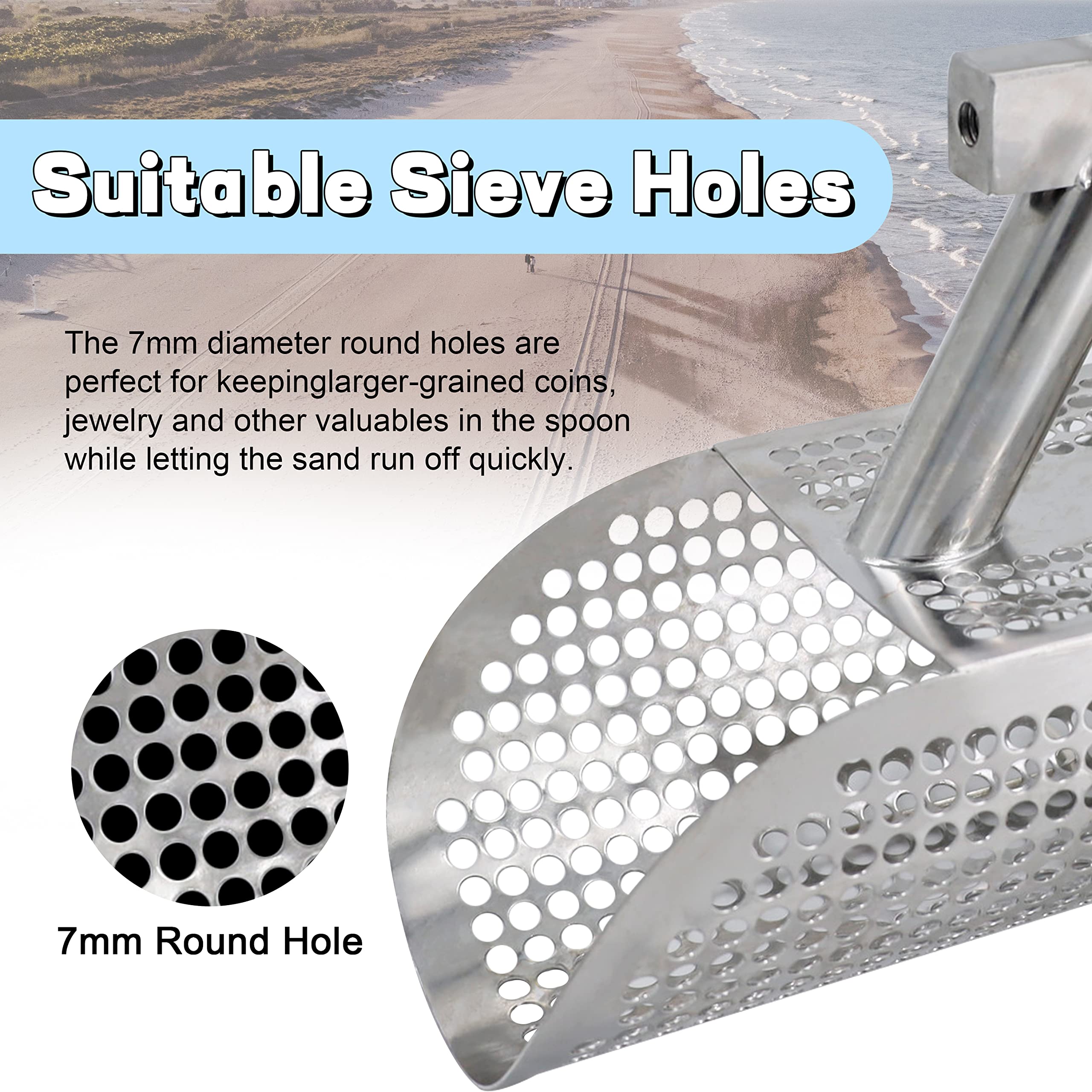 Vhelyom long-handle scoop in action on wet sand for extended reach and comfort
