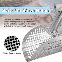 Vhelyom long-handle scoop in action on wet sand for extended reach and comfort