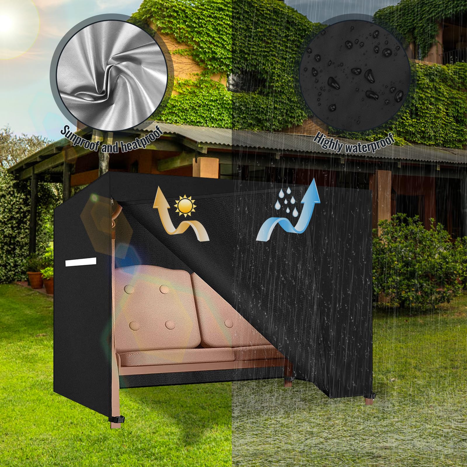 Viadom cover on patio swing in garden setting protecting cushions and frame