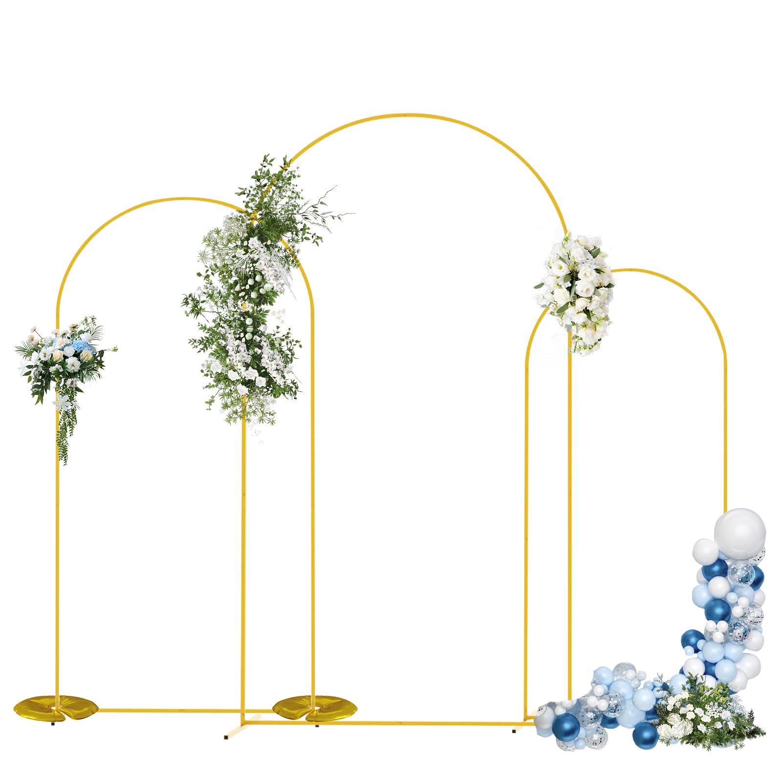 VibeHaven front view of three gold arches showing elegant event focal point and versatility