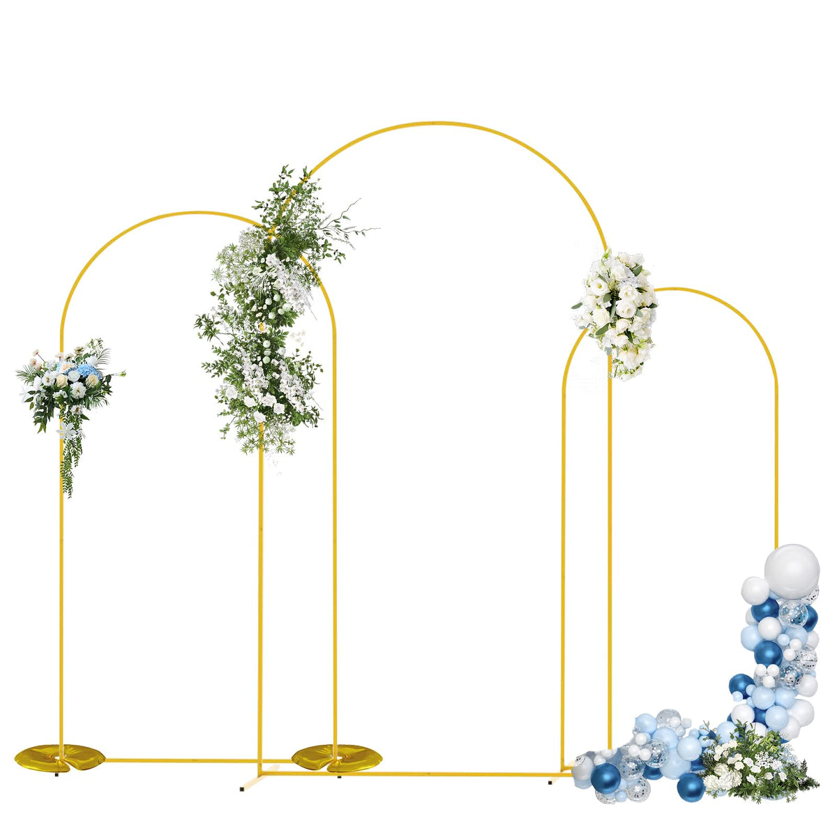 VibeHaven front view of three gold arches showing elegant event focal point and versatility