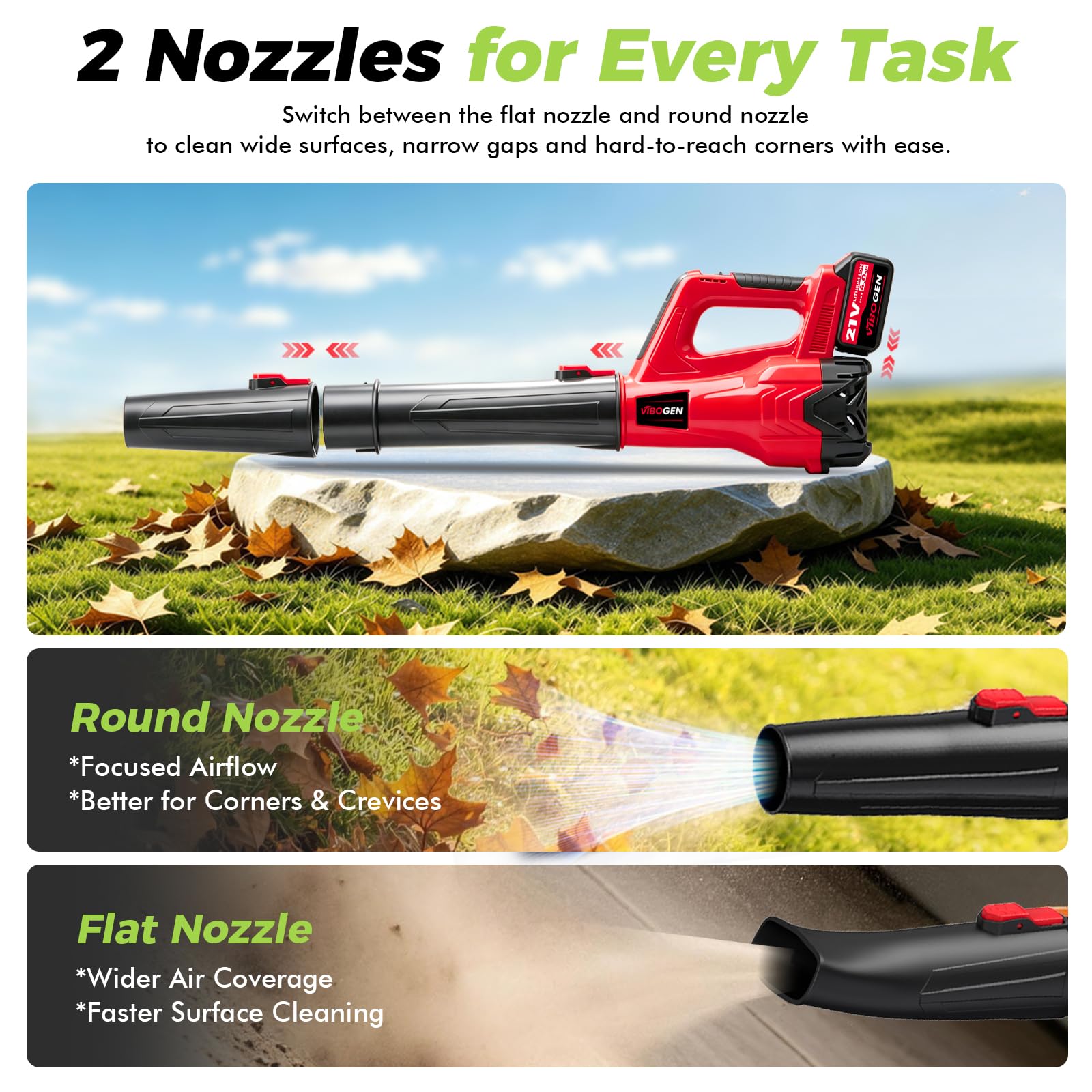 VIBOGEN flat nozzle sweeping a patio, wide-area cleaning benefit
