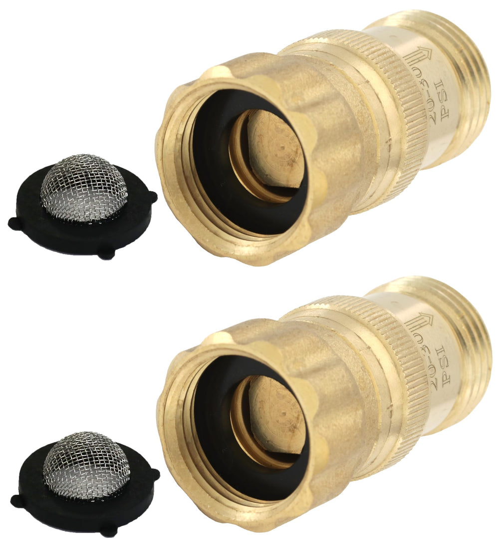 Vibrant Yard Company brass pressure regulator front view showing sturdy construction and hose threads for reliable connection