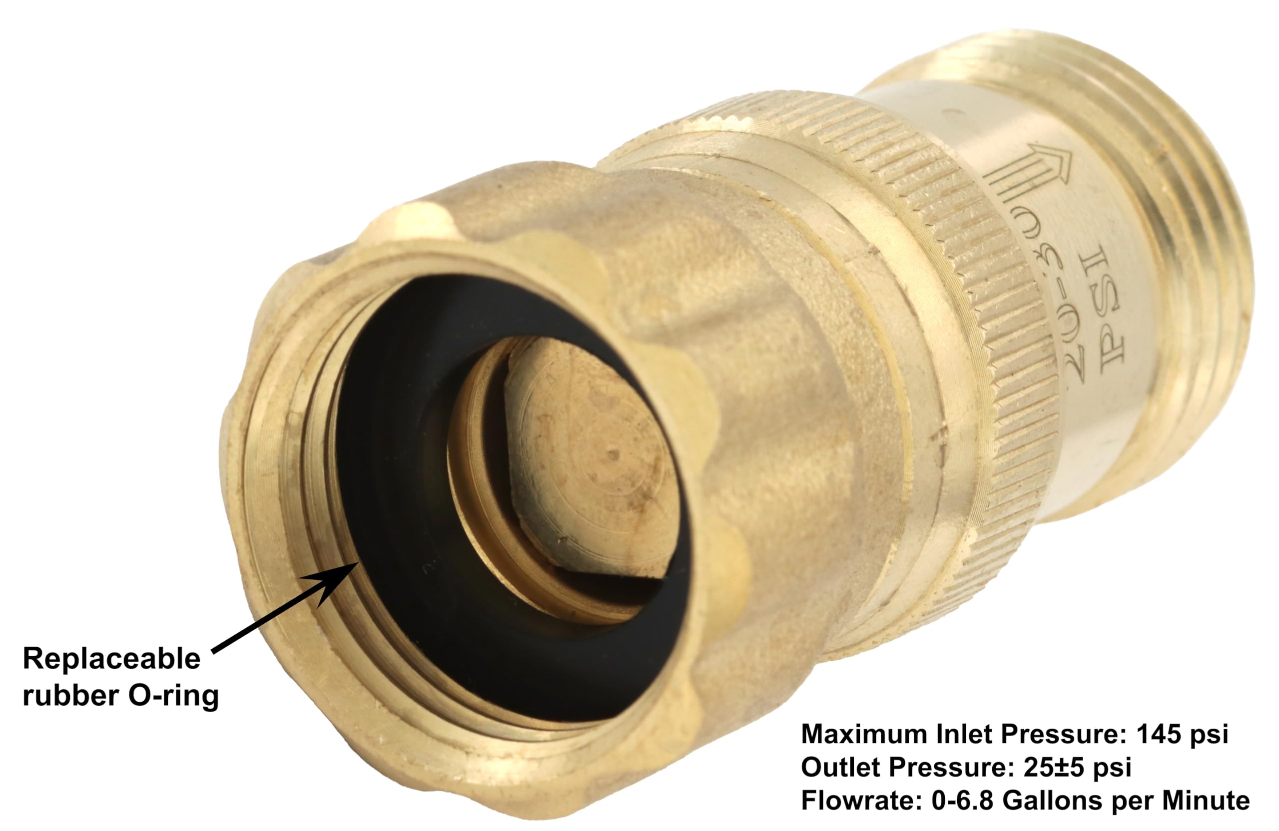 Vibrant Yard regulator beside a ruler to show compact size and easy-fit 3/4-inch hose thread connection