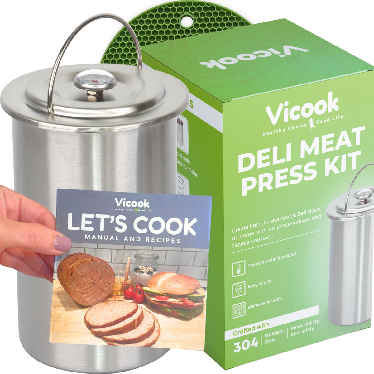 Vicook stainless steel press front view showing compact, durable mold for clean slices