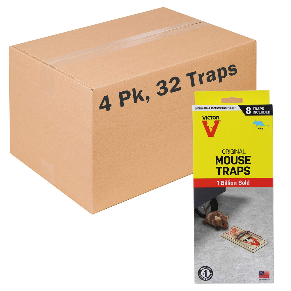 Victor front packaging showing 32 metal pedal mouse traps and clear product count benefit