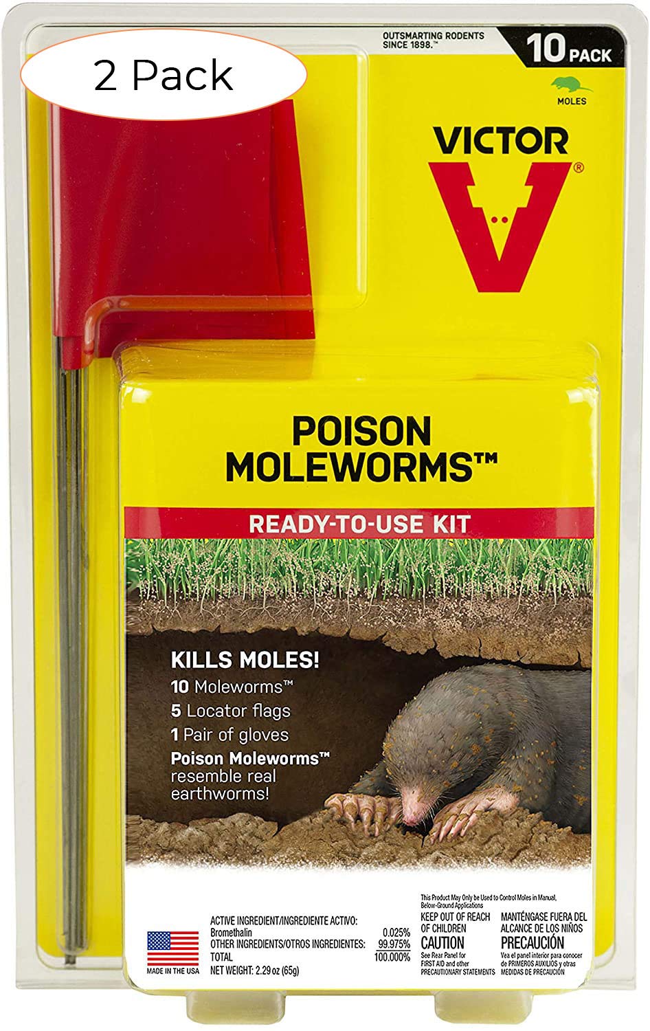 Victor front packaging showing yellow moleworms and clear labeling for effective placement