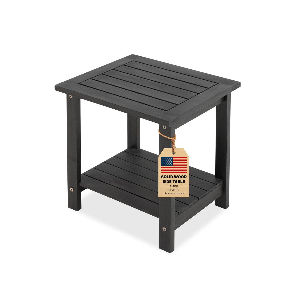 VICTORY RELAX front view of black rustic side table showing compact design and utility