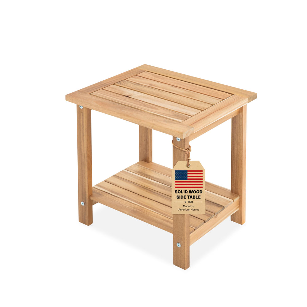 VICTORY RELAX front view showing compact 2-tier table and rustic finish for versatility