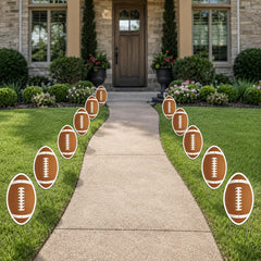 VictoryStore front view of 11 football yard signs creating a game-day entrance