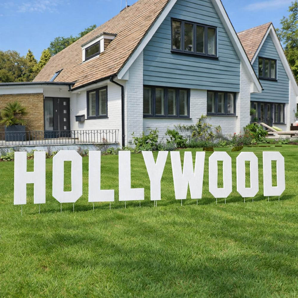 VictoryStore front view of 18-inch white Hollywood letters showing clear curbside visibility