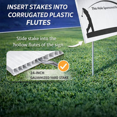 VictoryStore sign mounted at a tee box demonstrating clear sponsor visibility benefit