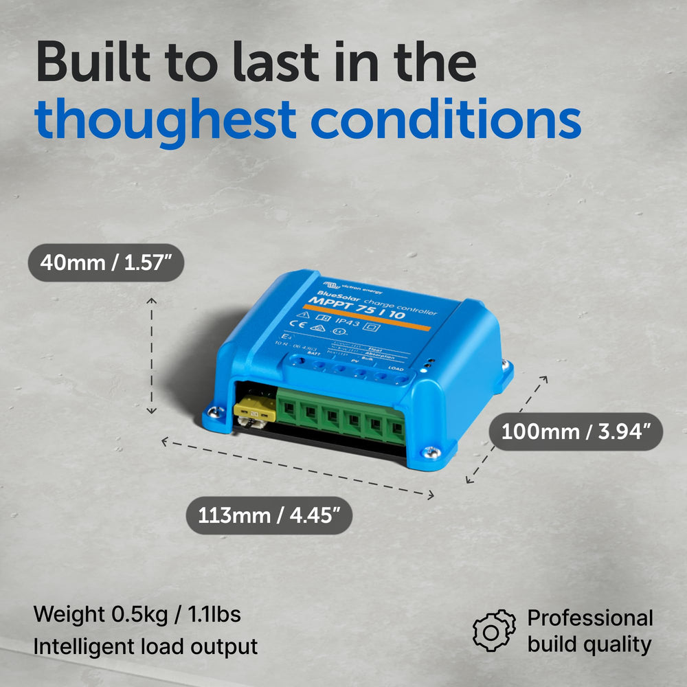 Victron Energy BlueSolar etiqueta técnica legible para configurar voltaje correcto