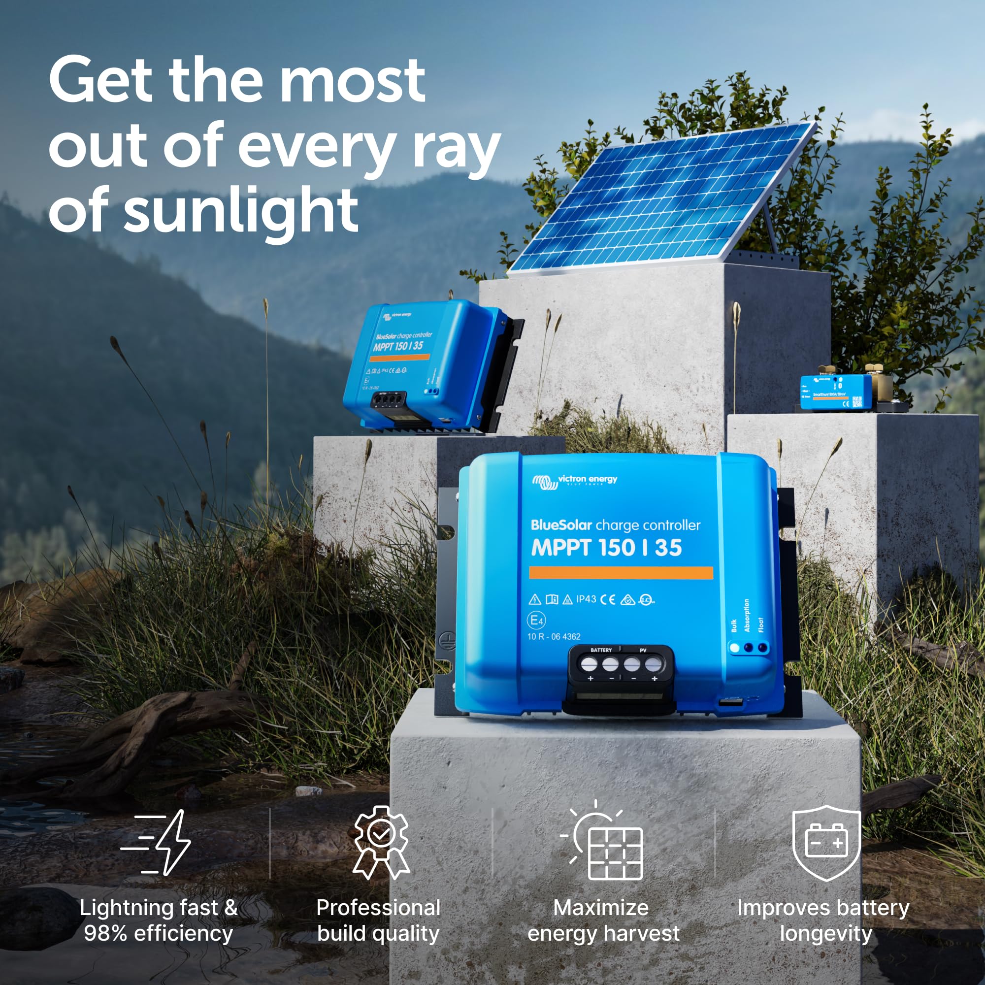Victron Energy terminal close-up highlighting secure cable connections and easy installation benefits