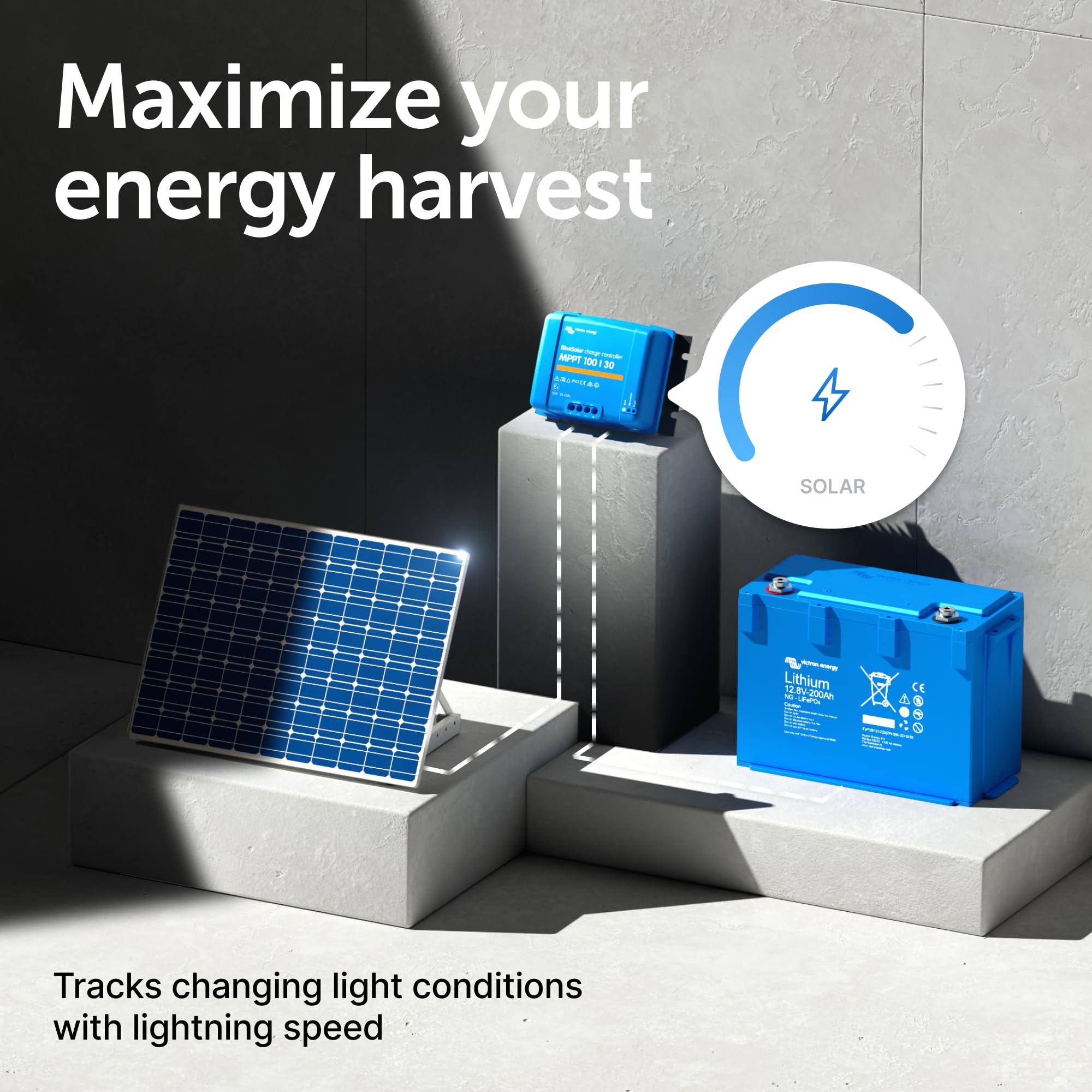 Victron Energy BlueSolar close-up label showing model info for correct setup benefit