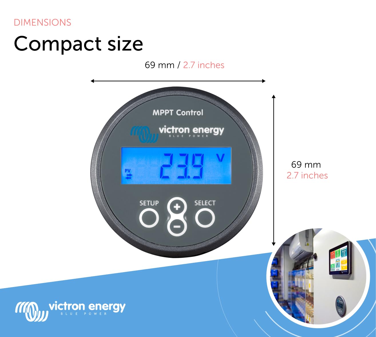 Victron Energy controller beside ruler for size comparison and simple mounting