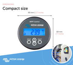Victron Energy controller beside ruler for size comparison and simple mounting