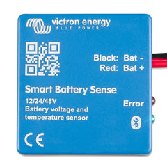 Victron Energy Smart Battery Sense front view showing compact sensor and label, aiding neat installs
