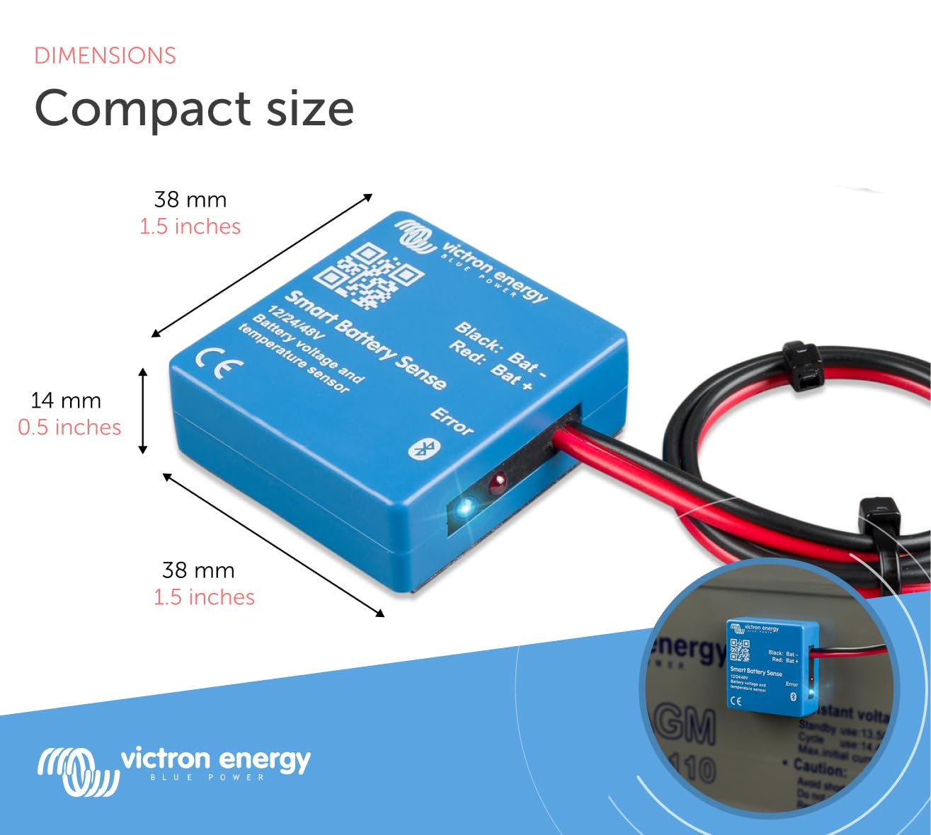 Victron Energy sensor mounted on battery body with adhesive, providing accurate temperature readings