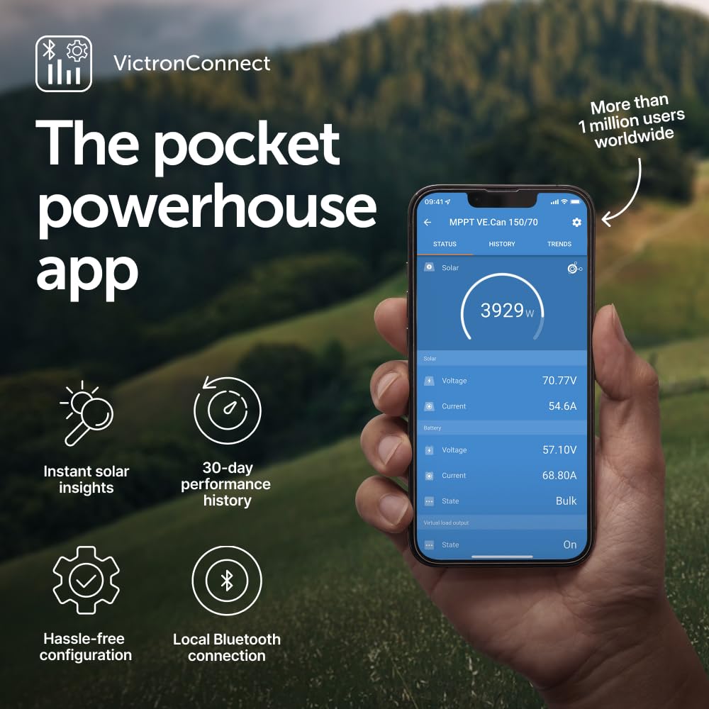 Victron Energy SmartSolar displayed on mobile VictronConnect app showing live monitoring benefit