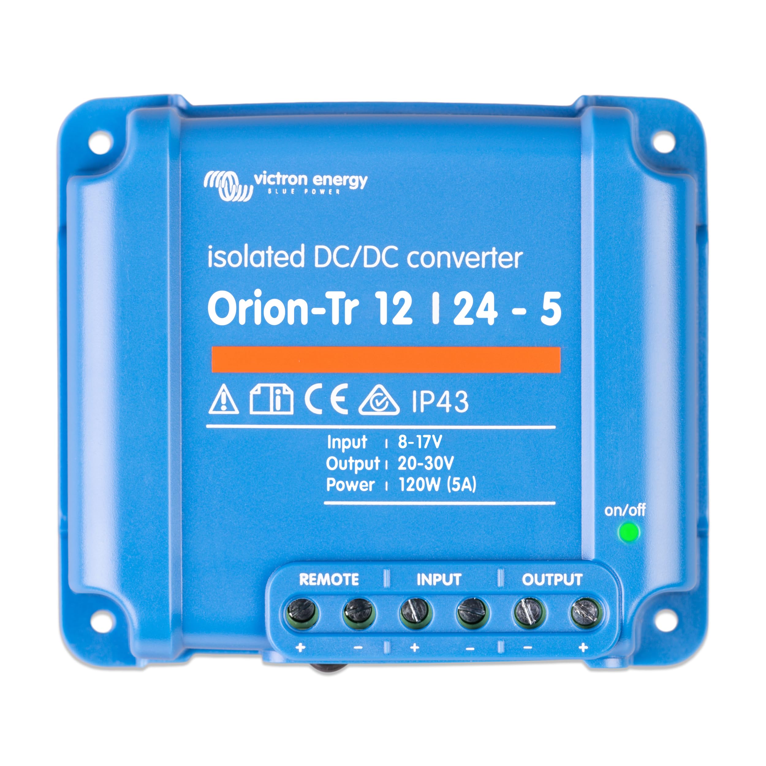 Victron Energy Orion-Tr front panel showing compact housing and cooling fins for reliable performance