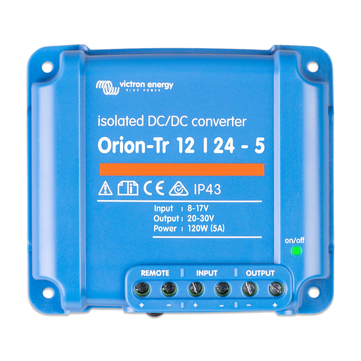 Victron Energy Orion-Tr front panel showing compact housing and cooling fins for reliable performance