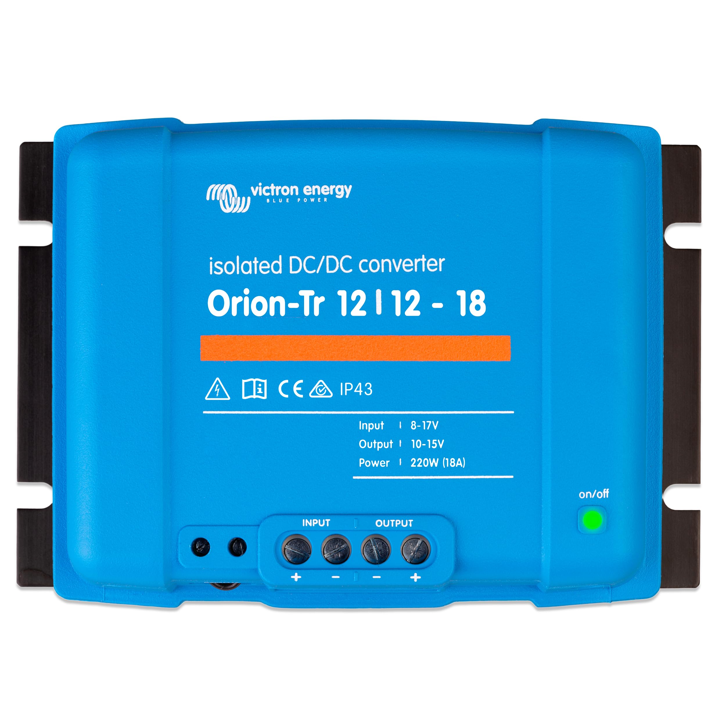 Victron Energy Orion-Tr front panel showing model and status, ensuring easy identification