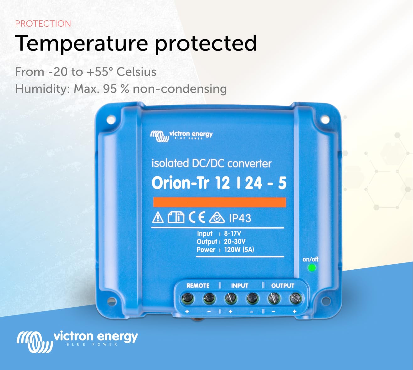 Victron Energy Orion-Tr next to a ruler for scale showing compact dimensions and space-saving design
