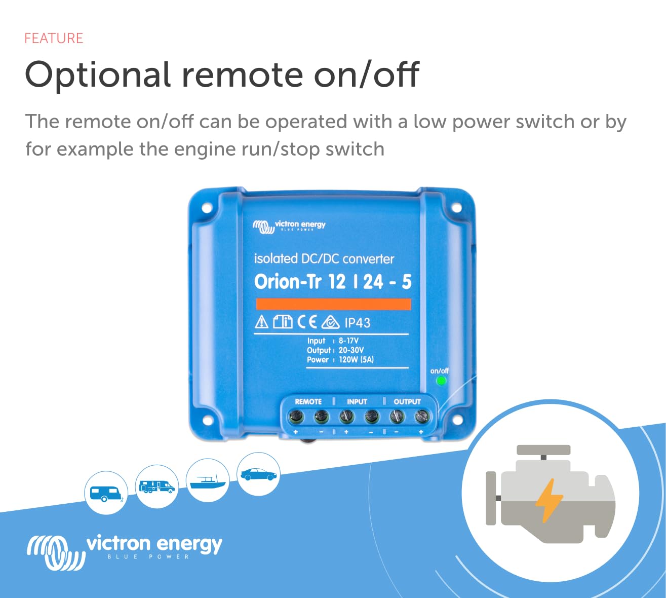 Victron Energy Orion-Tr screw terminal close-up illustrating secure wiring and easy installation