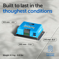 Victron Energy close-up label showing model details and voltage ratings for correct selection