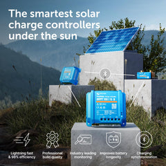 Victron Energy SmartSolar close-up of side label showing model and electrical ratings for correct installation