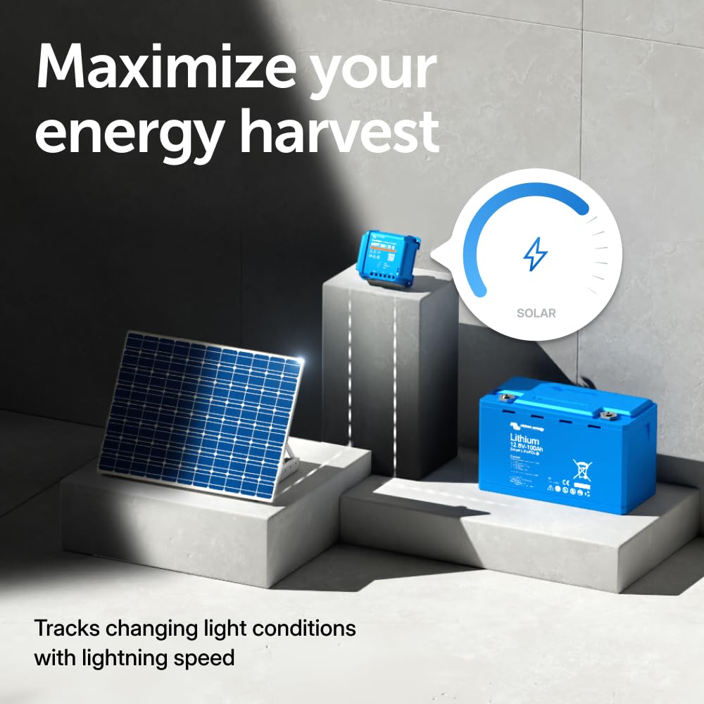 Victron Energy SmartSolar beside solar panels to show size and system compatibility for small arrays