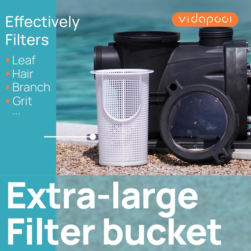 Vidapool close-up of large filter basket and clear lid for easy debris removal