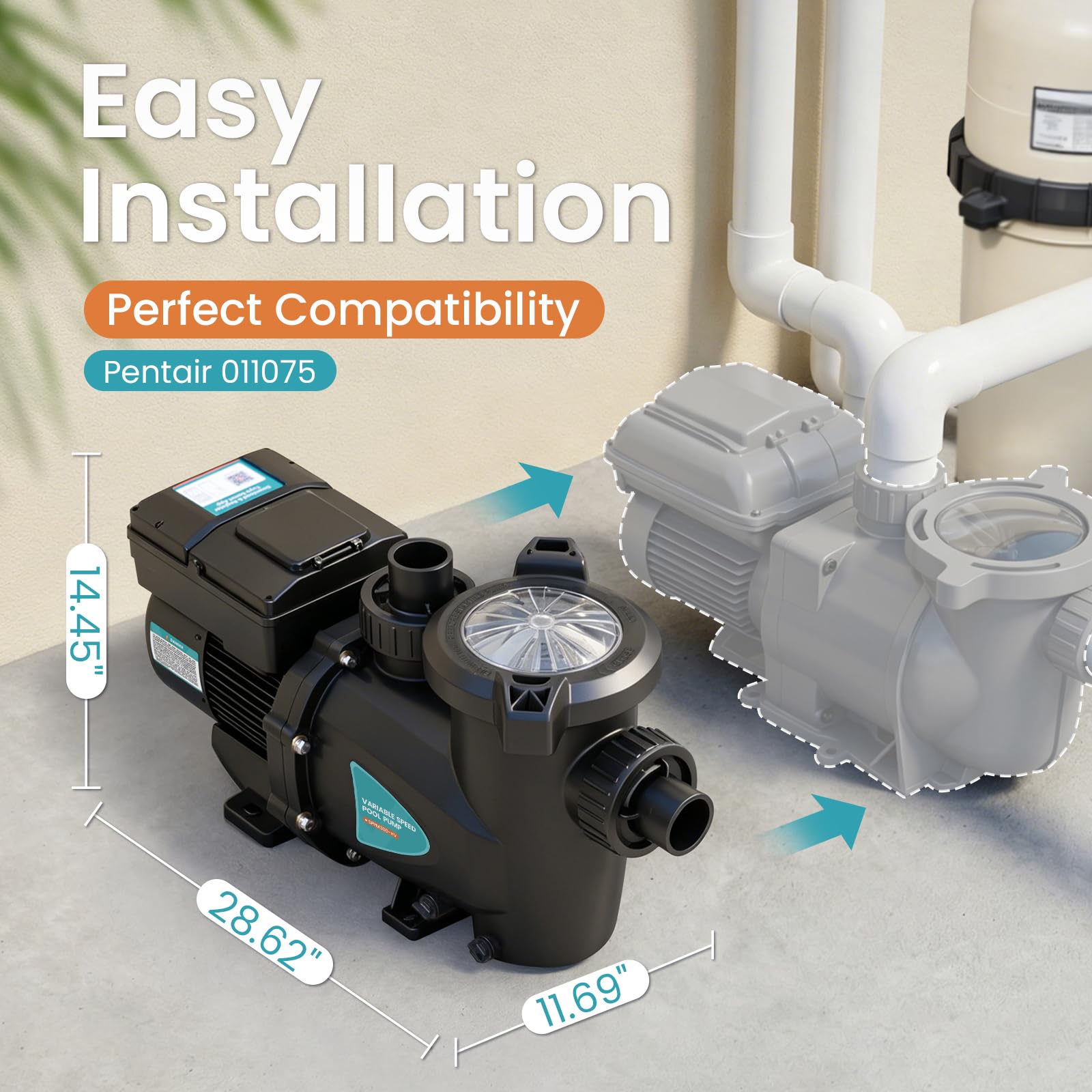 Vidapool pump with gauge showing flow and pressure performance advantage