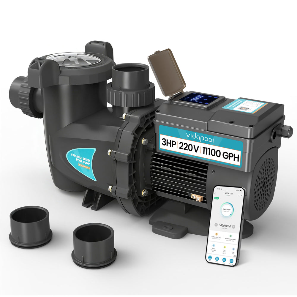 Vidapool pump front view showing unit and benefits of reliability