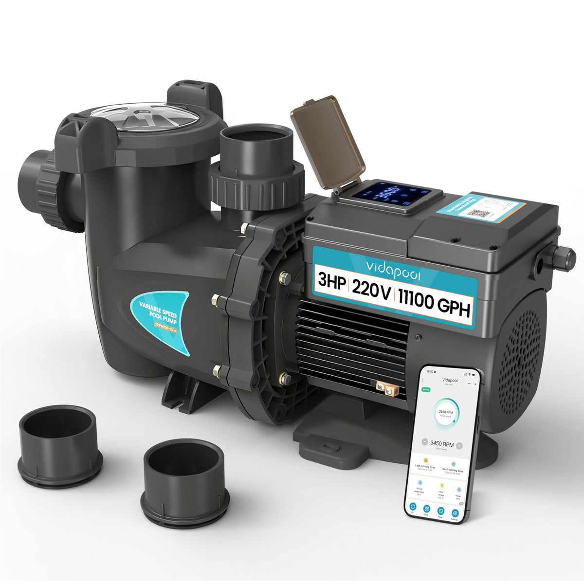 Vidapool pump front view showing unit and benefits of reliability