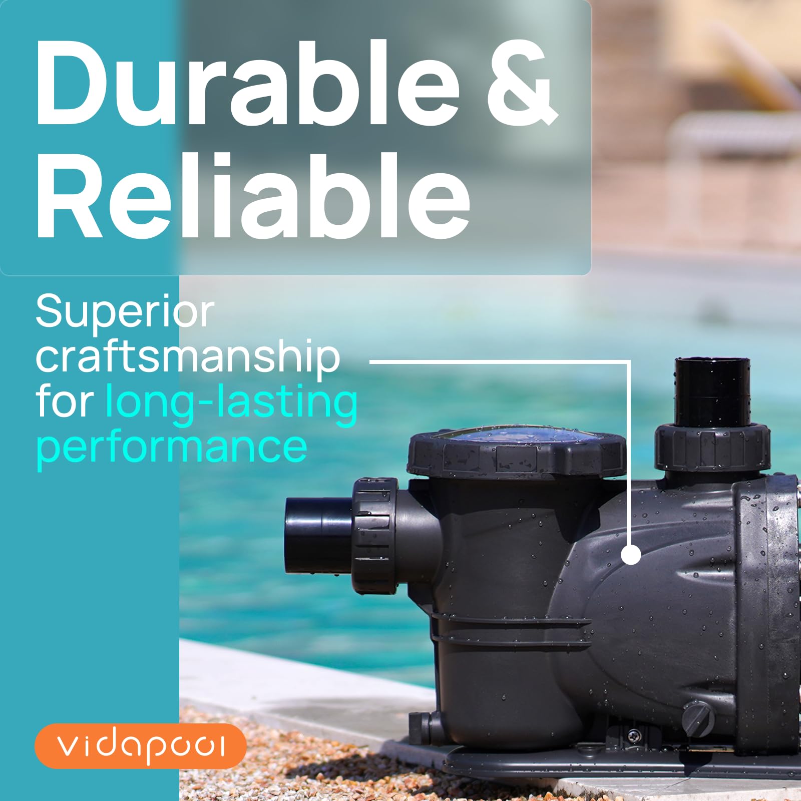 Vidapool installed next to pool demonstrating compact, quiet circulation