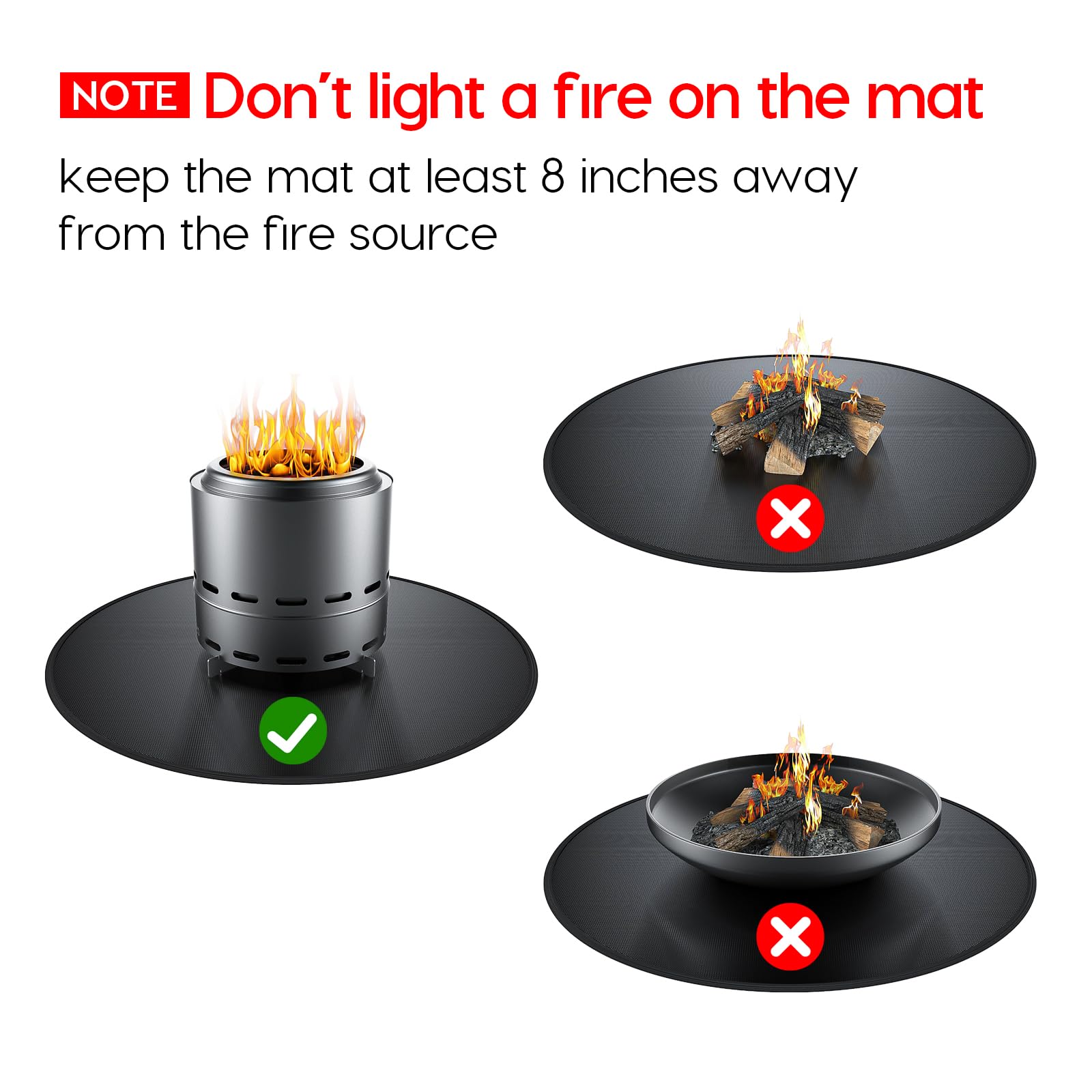 Viesembo mat on a backyard deck under a fire pit in lifestyle scene promoting safe outdoor entertaining