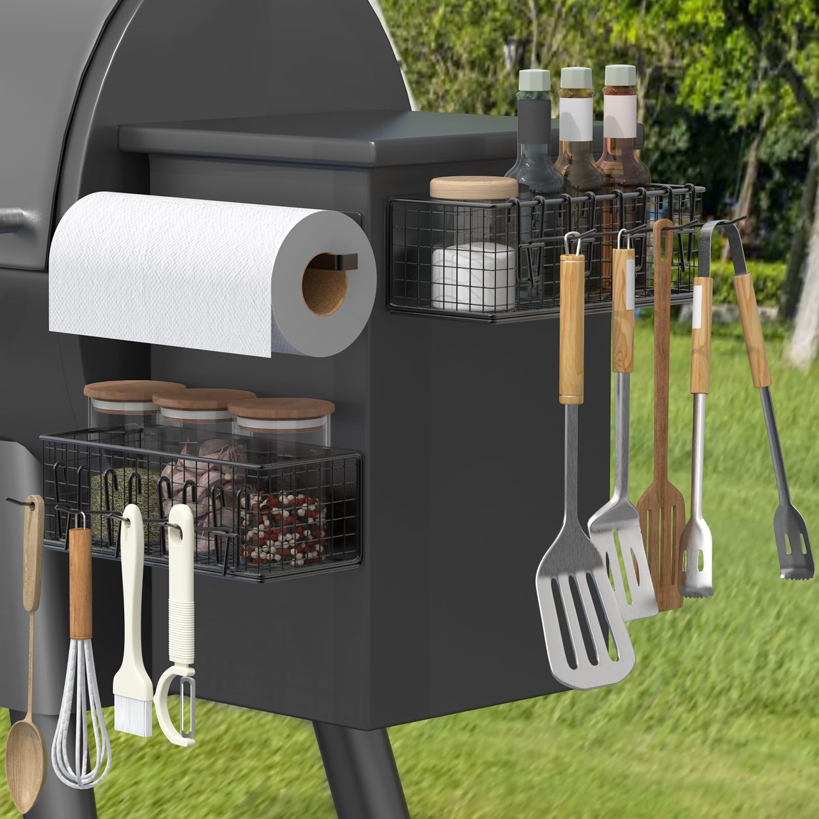 viespe front view showing both magnetic storage bins and towel holder for organized grilling